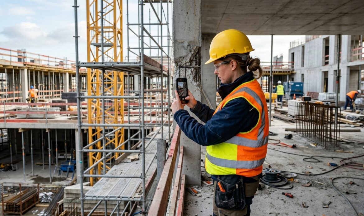 Baustellendokumentation per App: Bauleiterin fotografiert einen Mangel mit dem Smartphone.