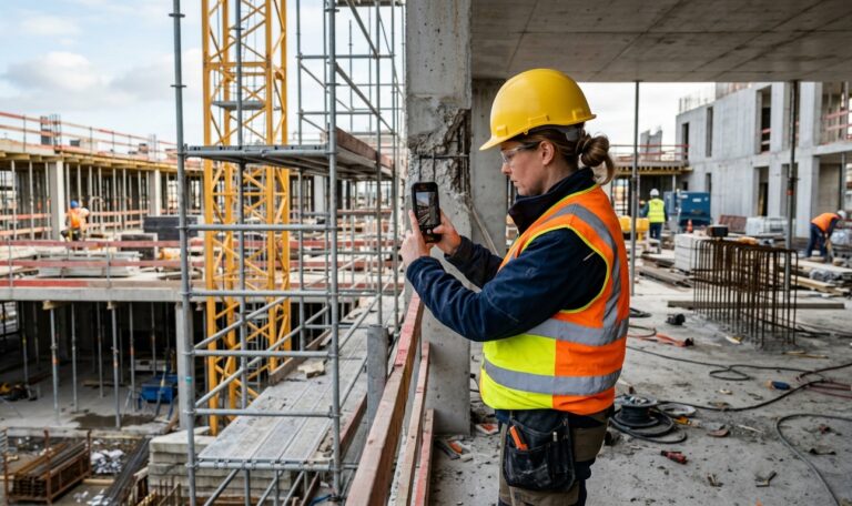 Baustellendokumentation per App: Bauleiterin fotografiert einen Mangel mit dem Smartphone.