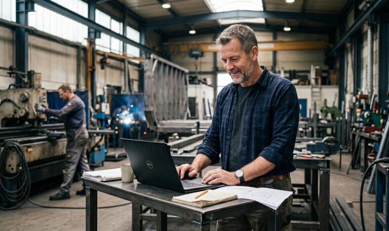 Betriebsleiter arbeitet am Laptop in einer Produktionshalle – Digitalisierungsschere im Mittelstand.