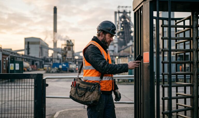 Externer Monteur mit Warnweste scannt am Werkstor mit dem Smartphone – Fremdfirmen per App anmelden.