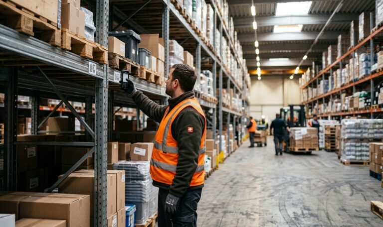 Lagermitarbeiter erfasst am Palettenregal einen Artikel mit dem Smartphone – Inventur per App.
