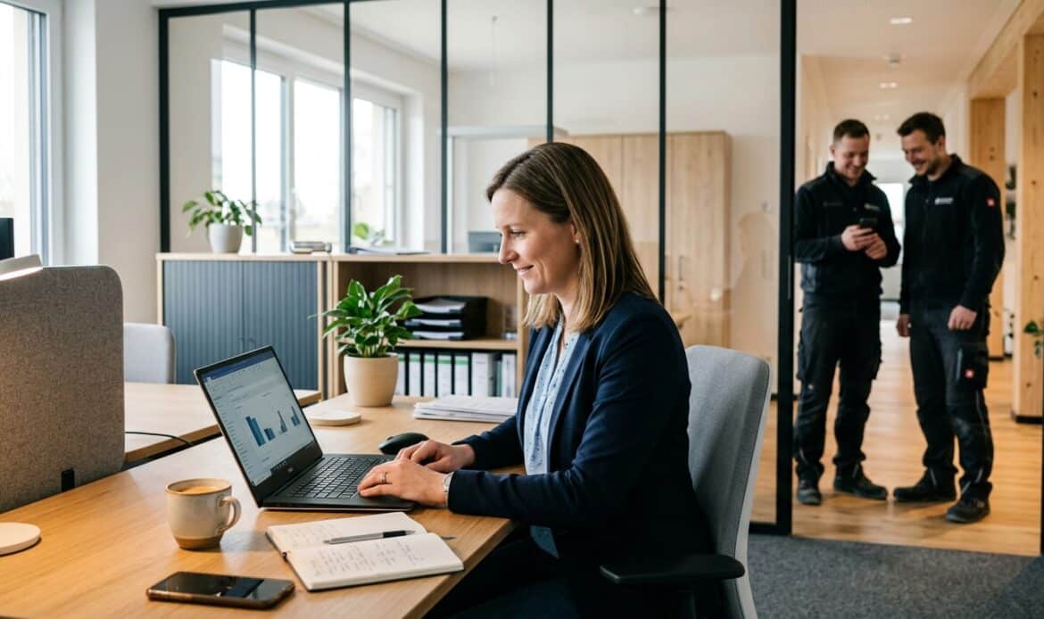 Personalreferentin am Laptop, im Hintergrund Beschäftigte in Arbeitskleidung am Smartphone – KI im Personalwesen.