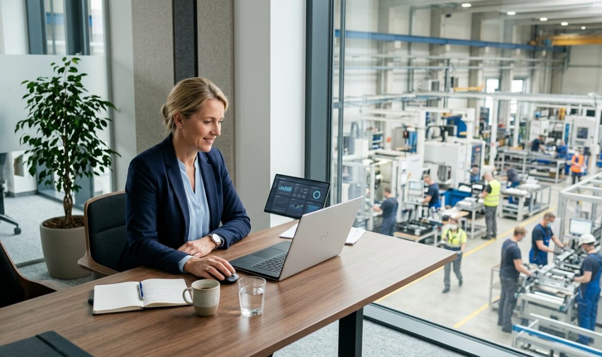 Führungskraft wertet Kennzahlen am Laptop aus, dahinter die Produktionshalle – KI-Investitionen im Mittelstand.