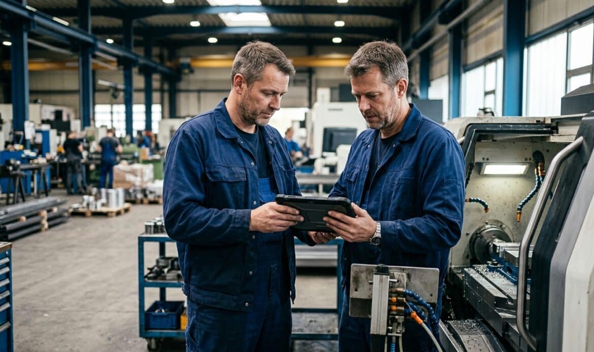 Zwei Facharbeiter lesen in der Fertigungshalle auf einem Tablet die KI-Richtlinie im Unternehmen.