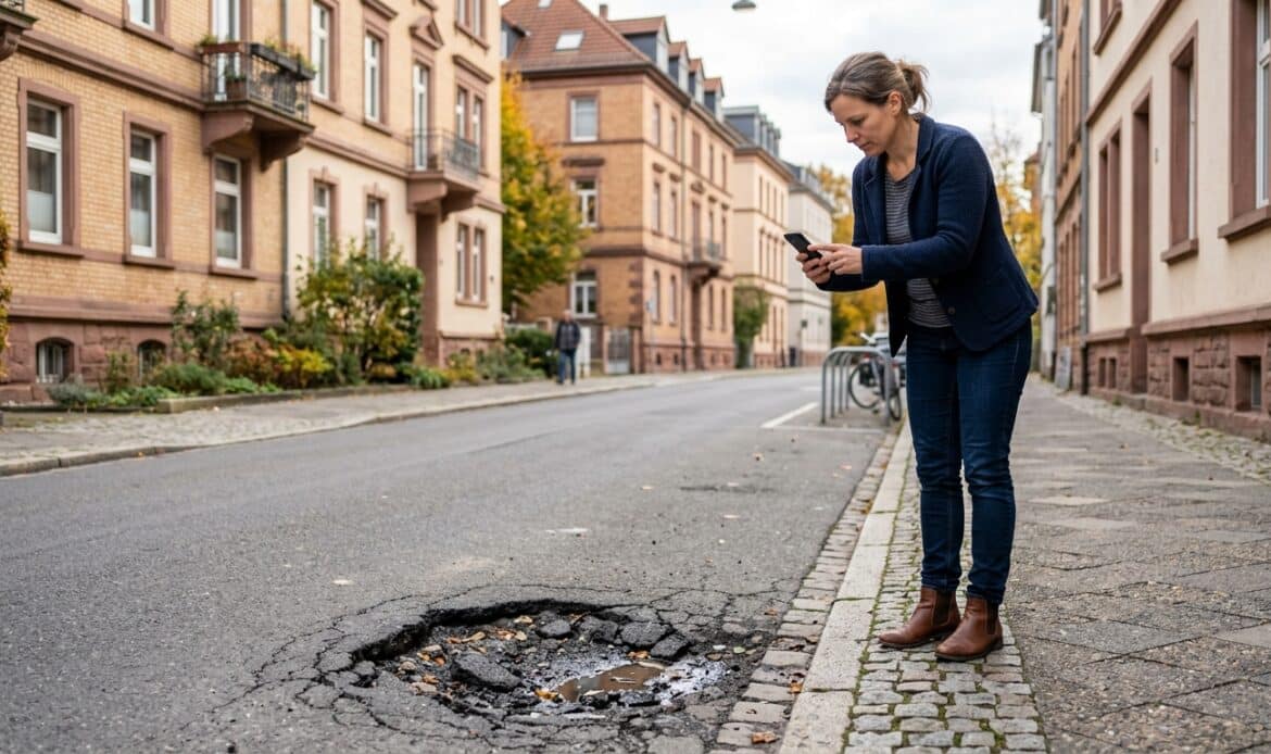 Bürgerin fotografiert mit dem Smartphone ein Schlagloch – Mängelmelder per App in der Kommune.