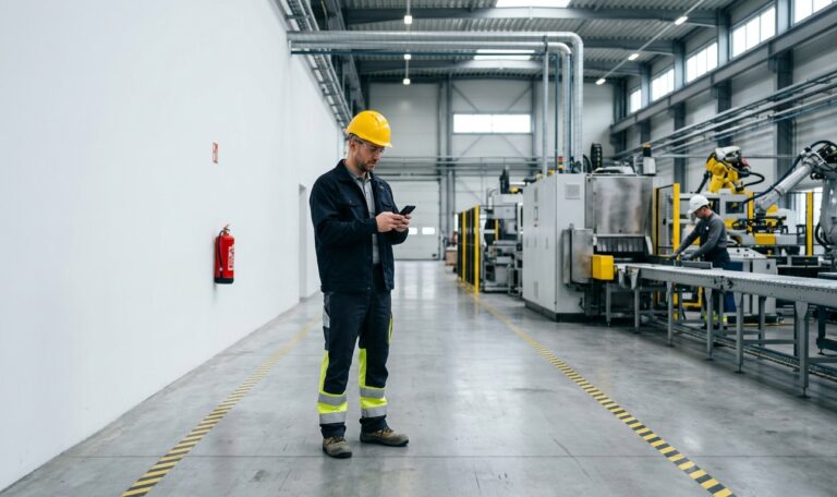 Notfallplan per App: Industriemitarbeiter mit Helm schaut in der Produktionshalle auf sein Smartphone.