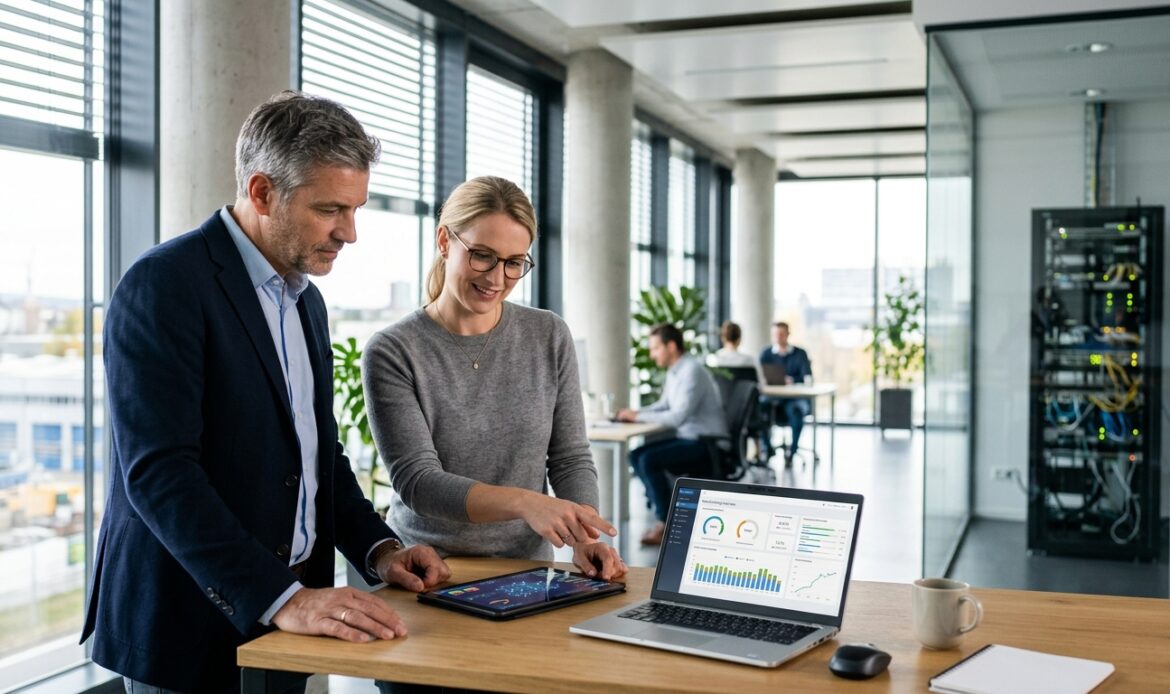 Digitale Souveränität im Mittelstand: Geschäftsführer und IT-Kollegin am Laptop im Industriebüro.
