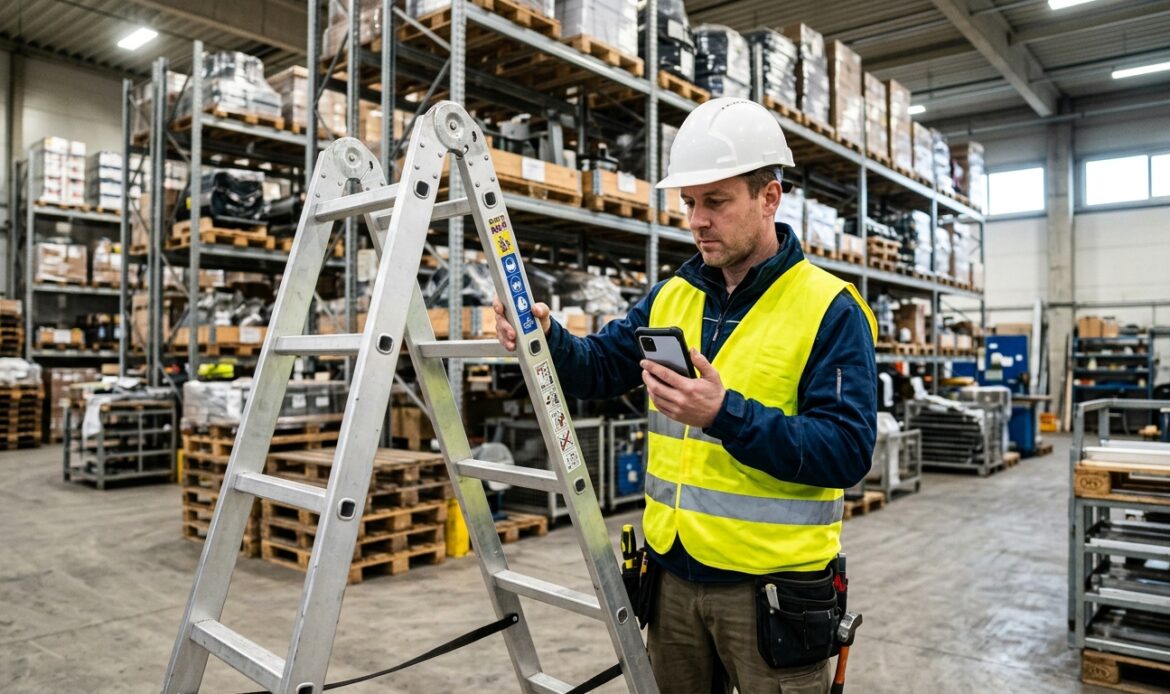 Sicherheitsfachkraft prüft eine Leiter im Lager mit dem Smartphone – wiederkehrende Prüfungen per App.