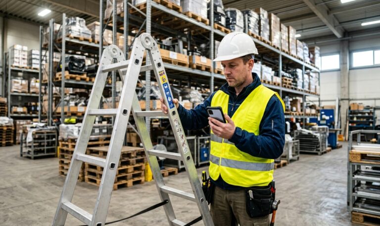 Sicherheitsfachkraft prüft eine Leiter im Lager mit dem Smartphone – wiederkehrende Prüfungen per App.