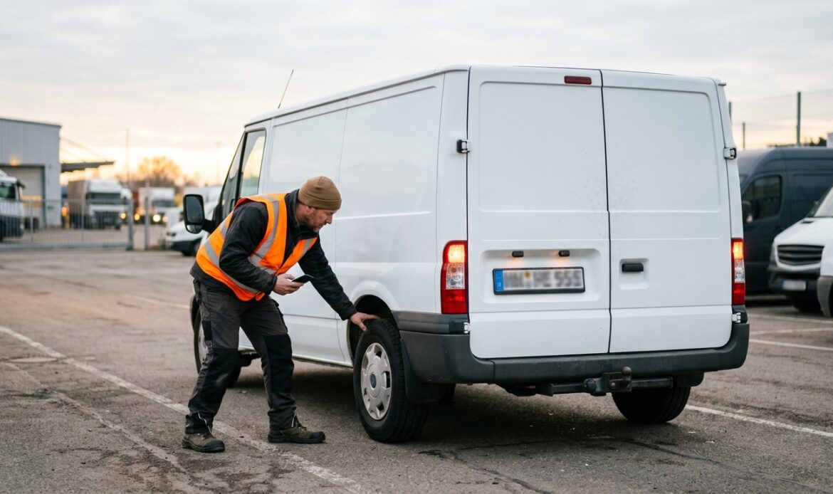 Fahrer in Warnweste prüft am Betriebshof die Reifen eines Transporters und hält ein Smartphone – Abfahrtkontrolle per App.