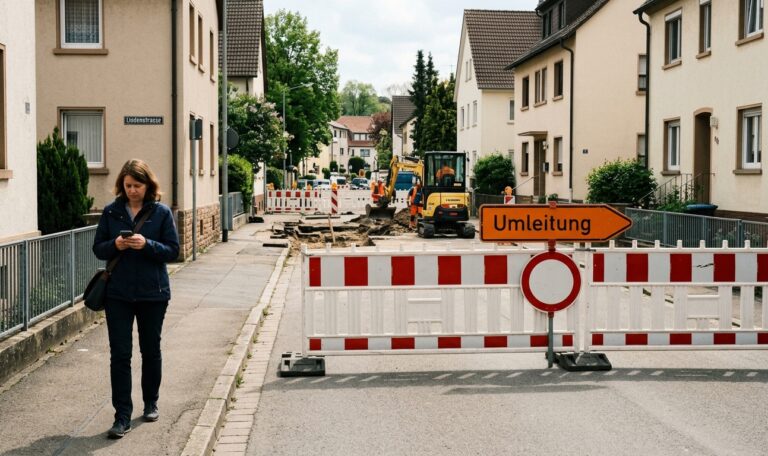 Gesperrte Wohnstraße mit Absperrung und Umleitungsschild, eine Passantin schaut auf ihr Smartphone – Baustellen per App.