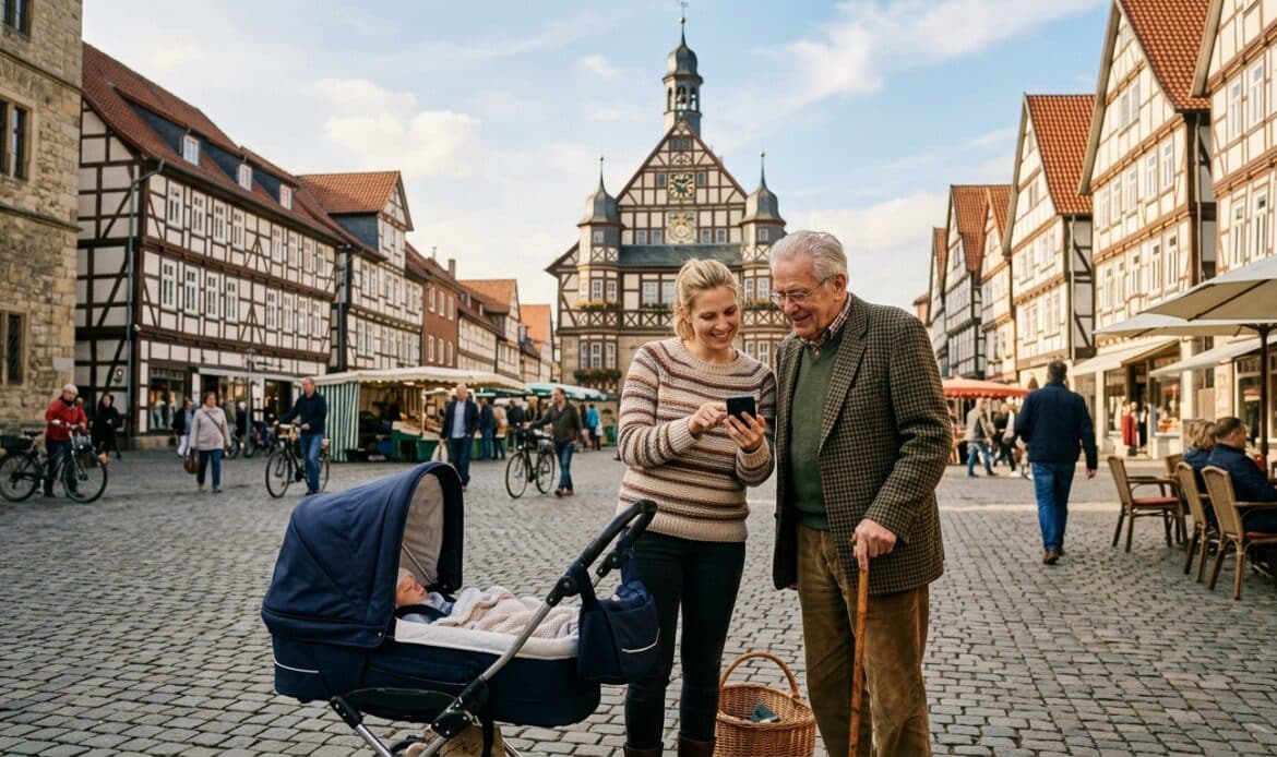 Junge Mutter und älterer Herr schauen auf dem Marktplatz vor dem Rathaus gemeinsam auf ein Smartphone – Bürgerbeteiligung per App.