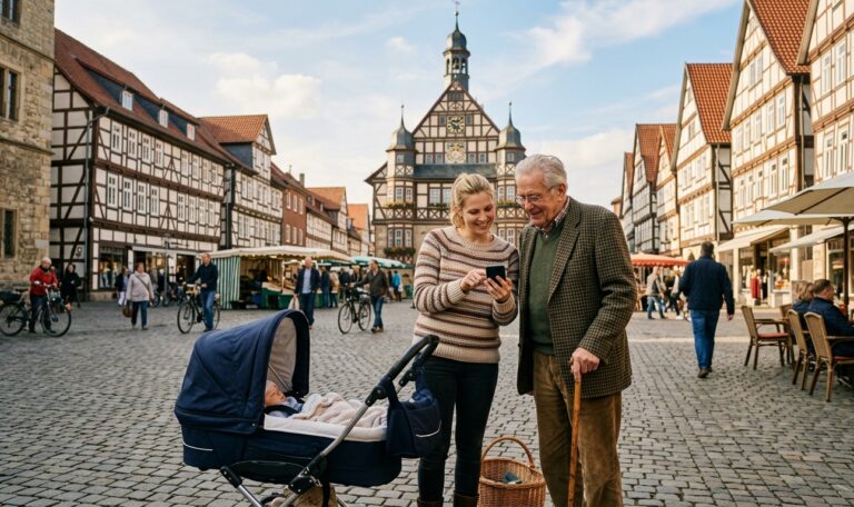 Junge Mutter und älterer Herr schauen auf dem Marktplatz vor dem Rathaus gemeinsam auf ein Smartphone – Bürgerbeteiligung per App.