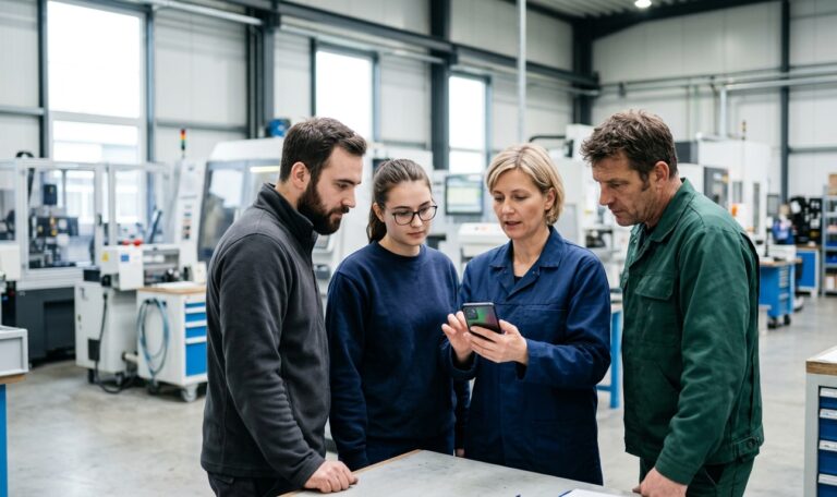 Schichtleiterin zeigt drei Kollegen in einer Produktionshalle etwas auf dem Smartphone – KI-Einführung kommunizieren im Betrieb.