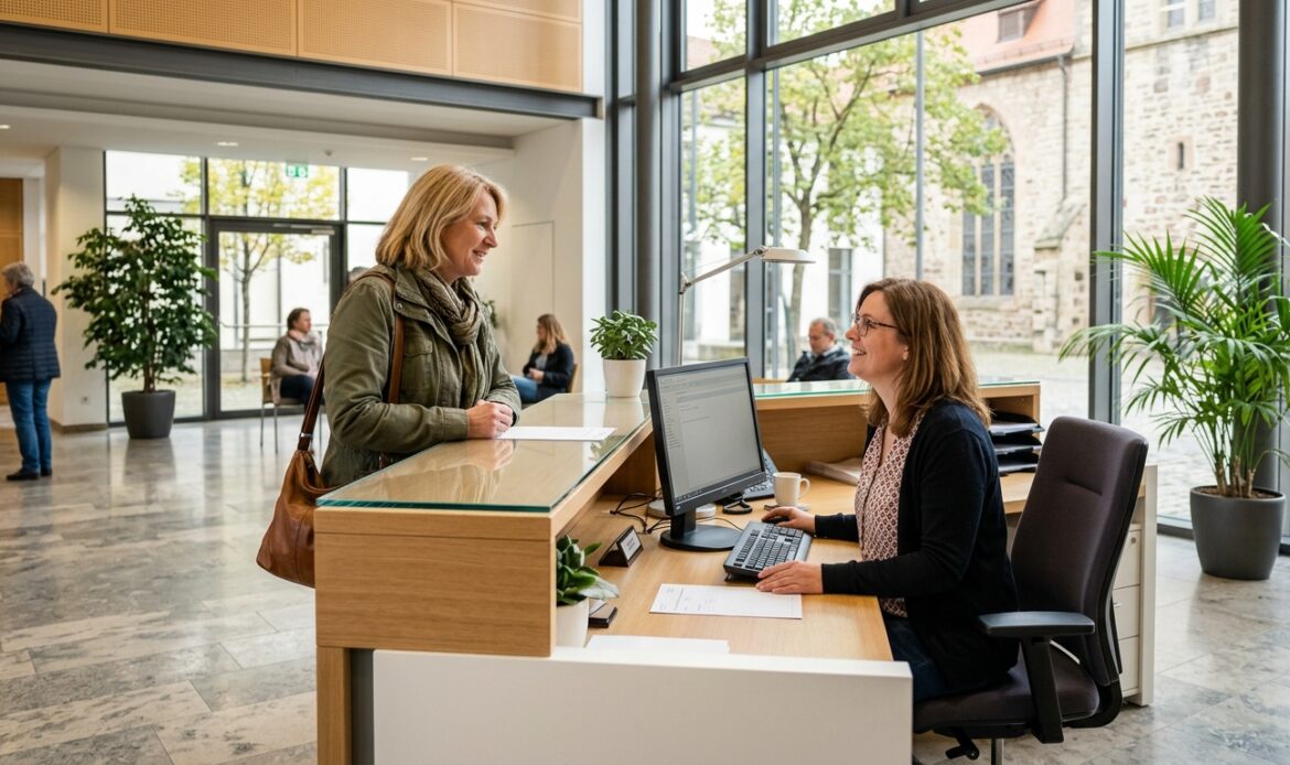 Verwaltungsmitarbeiterin berät eine Bürgerin am Servicetresen – KI in der Kommunalverwaltung im Alltag.