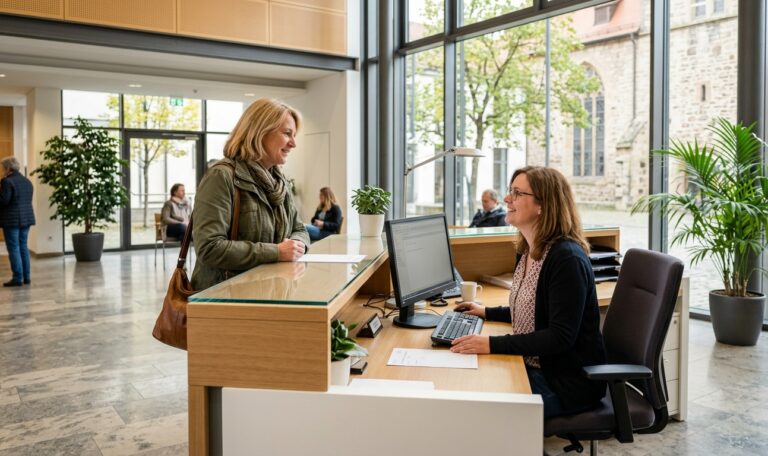 Verwaltungsmitarbeiterin berät eine Bürgerin am Servicetresen – KI in der Kommunalverwaltung im Alltag.