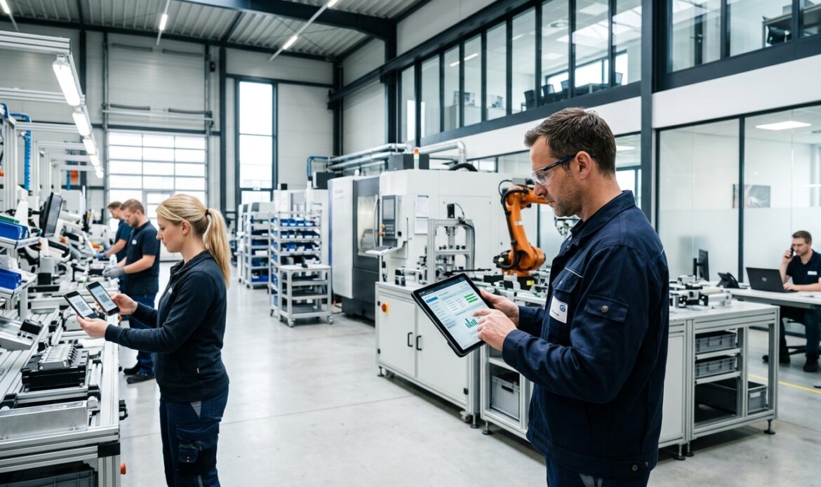 Mitarbeiter arbeiten mit Tablet und Smartphone in einer modernen Werkhalle und erfassen strukturierte Prozessdaten – KI in Prozessen verankern.