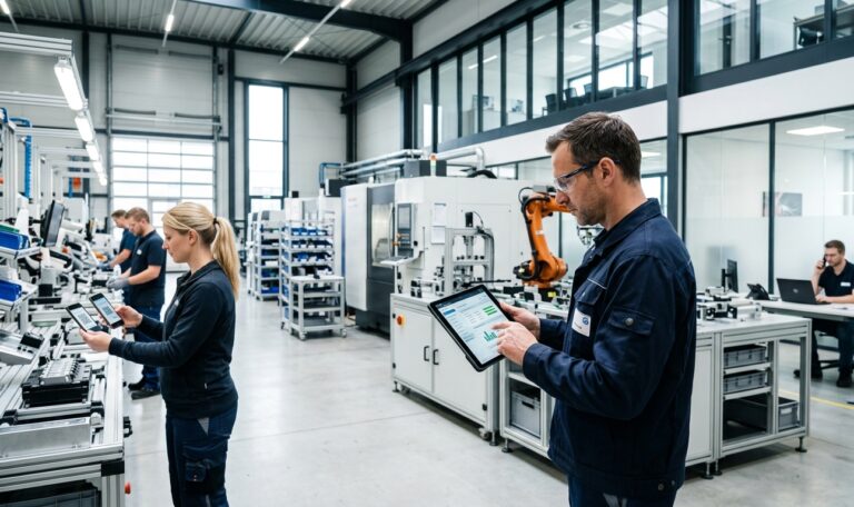 Mitarbeiter arbeiten mit Tablet und Smartphone in einer modernen Werkhalle und erfassen strukturierte Prozessdaten – KI in Prozessen verankern.