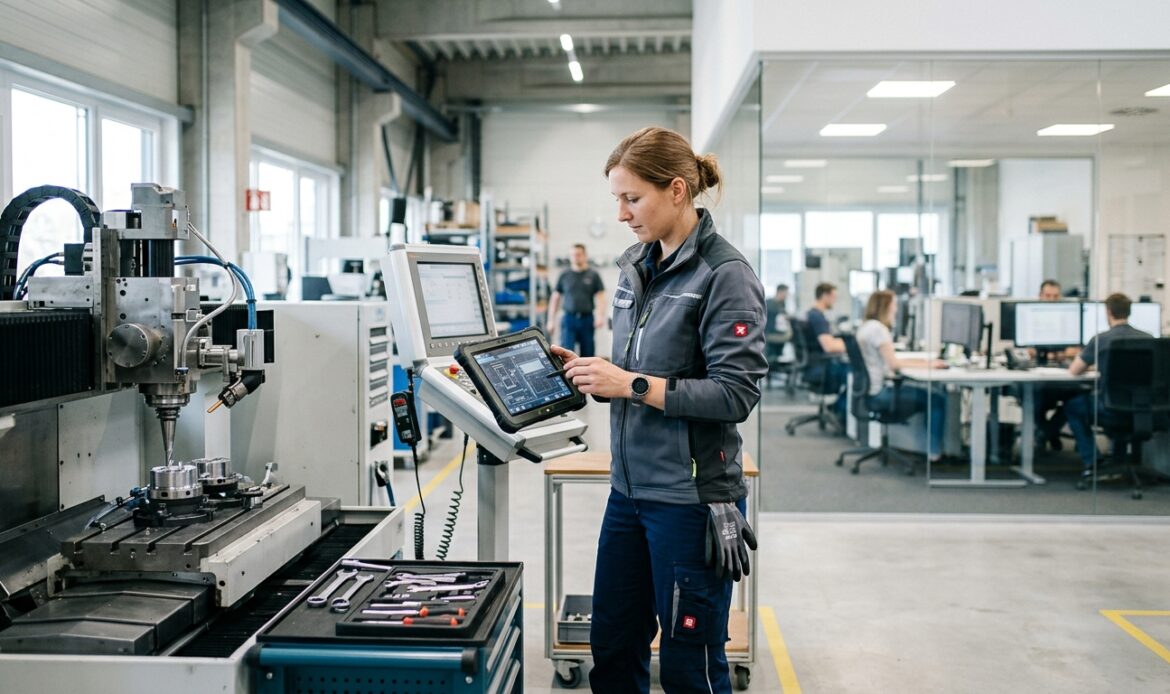 Technikerin mit Tablet an einer Maschine in der Werkhalle, im Hintergrund ein Büro mit Bildschirmen – KI ohne Schreibtisch.