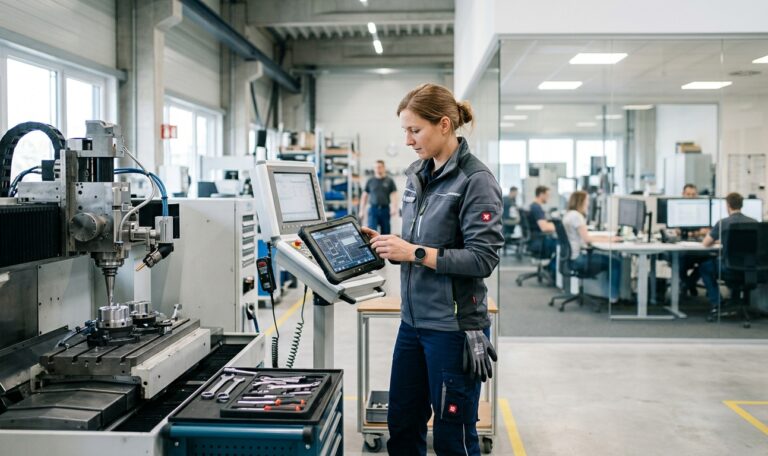 Technikerin mit Tablet an einer Maschine in der Werkhalle, im Hintergrund ein Büro mit Bildschirmen – KI ohne Schreibtisch.