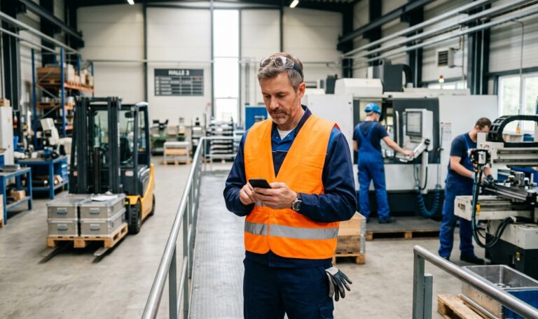 Schichtleiter in Warnweste prüft in der Werkshalle etwas auf dem Smartphone – Qualifikationsmatrix per App.
