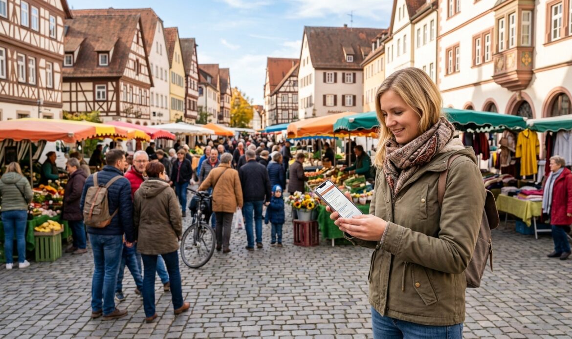 Belebter Stadtplatz mit Marktständen, eine Person sieht den Veranstaltungskalender auf dem Smartphone – Veranstaltungen per App.