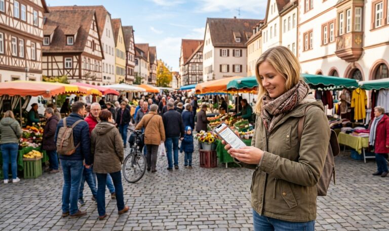 Belebter Stadtplatz mit Marktständen, eine Person sieht den Veranstaltungskalender auf dem Smartphone – Veranstaltungen per App.