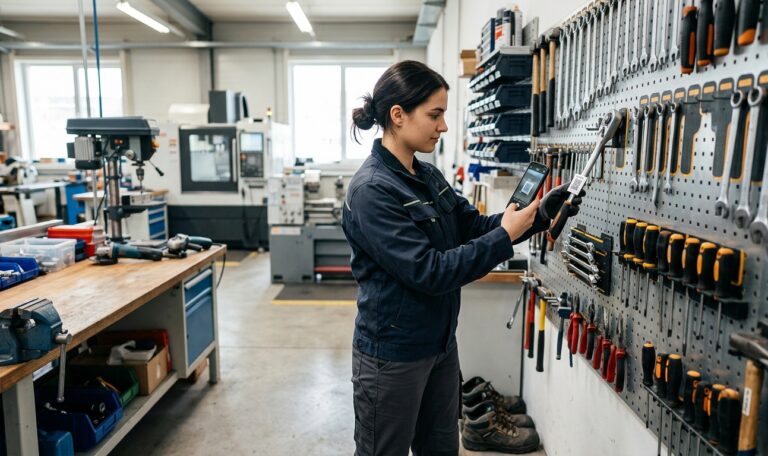Mitarbeiter scannt mit dem Smartphone den QR-Code an einem Werkzeug in der Werkzeugwand – Werkzeugausgabe per App.
