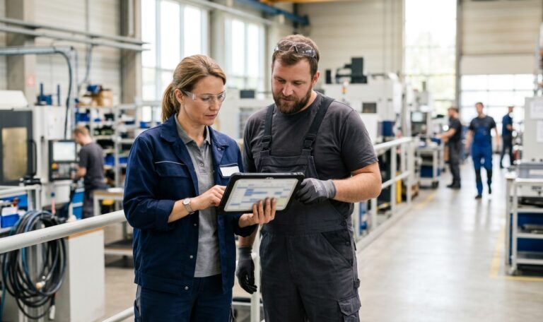 Schichtleiterin und Produktionsmitarbeiter besprechen in einer Fertigungshalle einen Plan auf dem Tablet – algorithmisches Management mit menschlicher Freigabe.