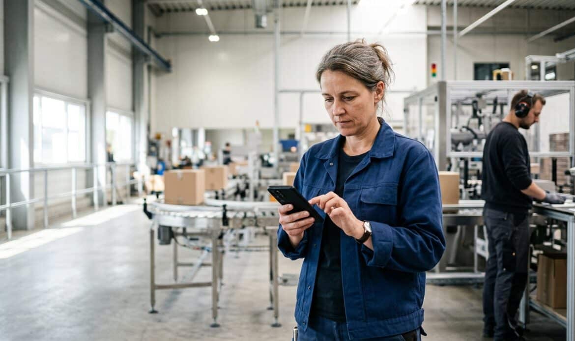 Schichtleiterin in einer Produktionshalle bestätigt auf dem Smartphone einen Vorschlag – Human in the Loop bei KI-Agenten.