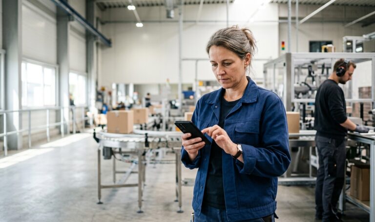 Schichtleiterin in einer Produktionshalle bestätigt auf dem Smartphone einen Vorschlag – Human in the Loop bei KI-Agenten.