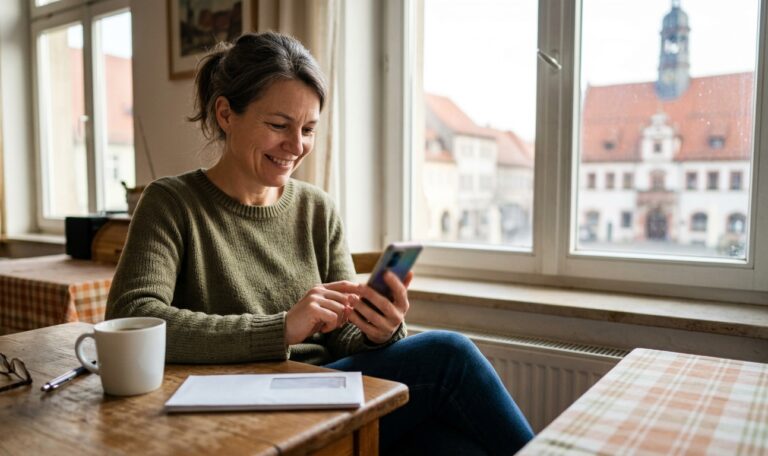 Bürgerin am Küchentisch schaut auf ihr Smartphone, daneben ein Brief vom Amt, im Fenster das Rathaus – KI auf dem Amt aus Bürgersicht.