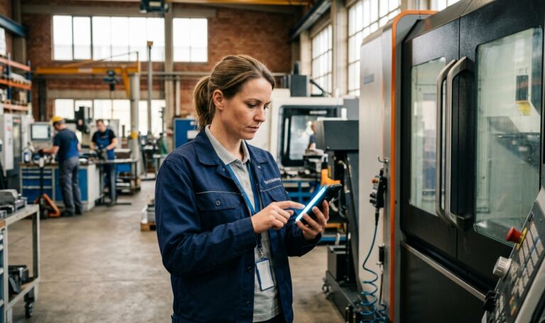 Schichtleiterin in einer Produktionshalle prüft auf dem Smartphone einen Vorschlag, bevor sie ihn freigibt – KI-Haftung im Unternehmen begrenzen.