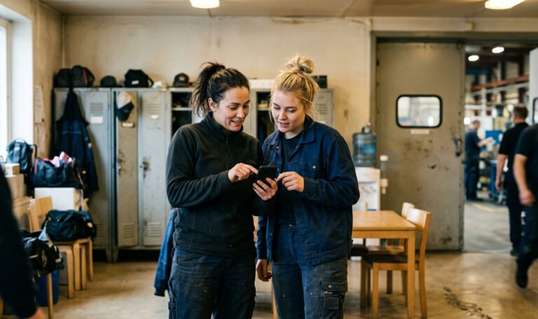 Zwei Kolleginnen in Arbeitskleidung schauen im Pausenraum gemeinsam auf ein Smartphone und stimmen einen Tausch ab – Schichtplan per App.