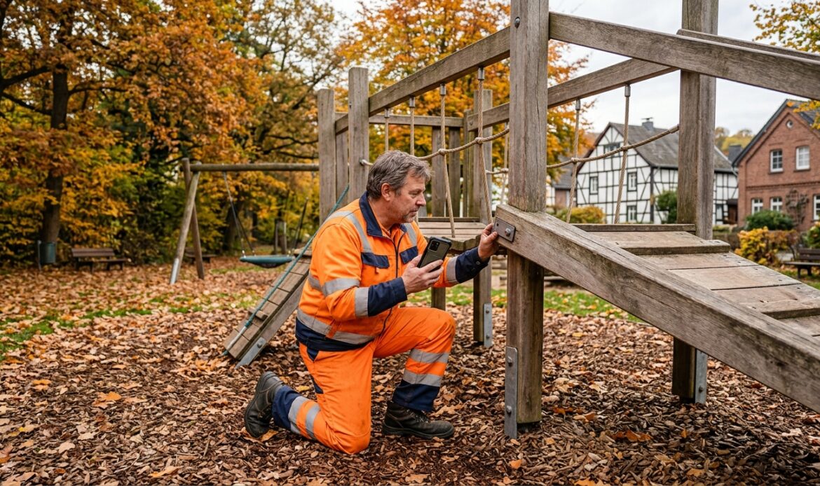 Mitarbeiter des Bauhofs in orangefarbener Arbeitskleidung prüft im Herbst ein hölzernes Klettergerät und hält ein Smartphone – Spielplatzkontrolle per App.