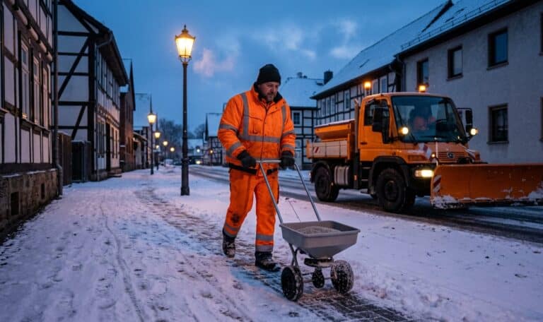 Bauhof-Mitarbeiter in Warnkleidung streut am frühen Morgen einen verschneiten Gehweg, Räumfahrzeug im Hintergrund – Winterdienst per App.